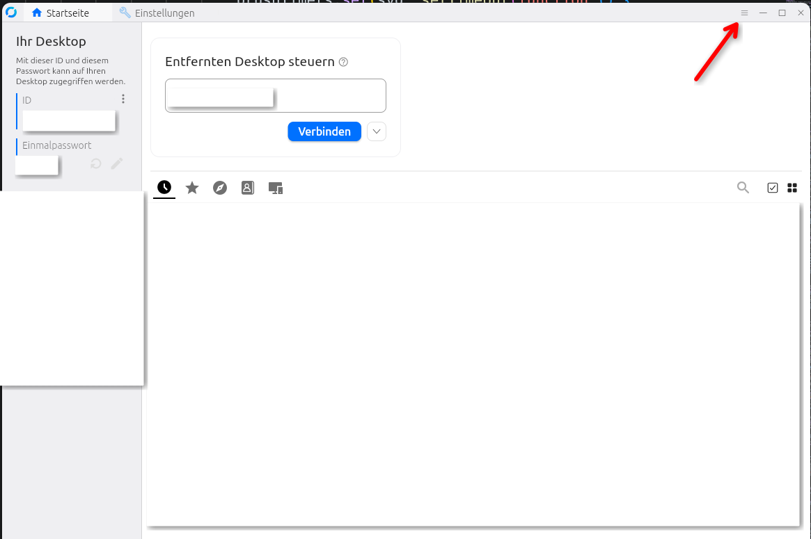 RustDesk-Startseite; oben rechts ist das Menüsymbol mit den drei Strichen hervorgehoben.