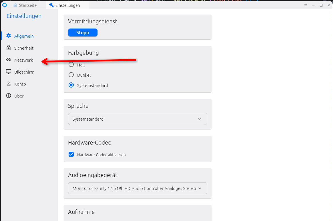 Einstellungsfenster von RustDesk; in der linken Spalte ist der Eintrag Netzwerk hervorgehoben.