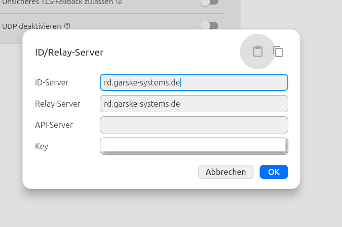 Dialog ID/Relay-Server mit den Feldern ID-Server, Relay-Server, API-Server und Key; in den ersten beiden Feldern steht rd.garske-systems.de.